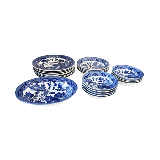 Vintage Blue and White Willow Pattern Japanese dinnerware set of 21 pieces. Includes 7 dinner plates (9.25" diameter), 4...