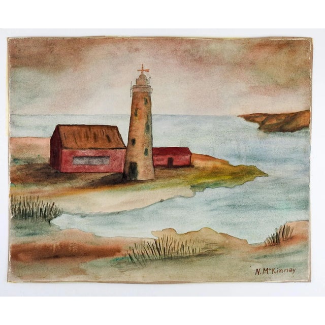Watercolor on paper of lighthouse. Signed N. McKinney lower right corner. Unframed, tape residue on back edges.
