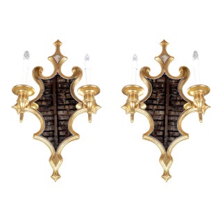 Vintage Ornate Gilt Mirrored Double Light Wall Sconces—A Pair For Sale