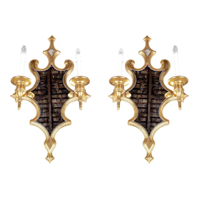 Vintage Ornate Gilt Mirrored Double Light Wall Sconces—A Pair For Sale