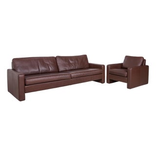 Conseta Leather Three-Seater and Armchair in Brown Coffee Mahogany with Headrest by COR, Set of 2 For Sale