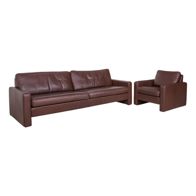 Conseta Leather Three-Seater and Armchair in Brown Coffee Mahogany with Headrest by COR, Set of 2 For Sale