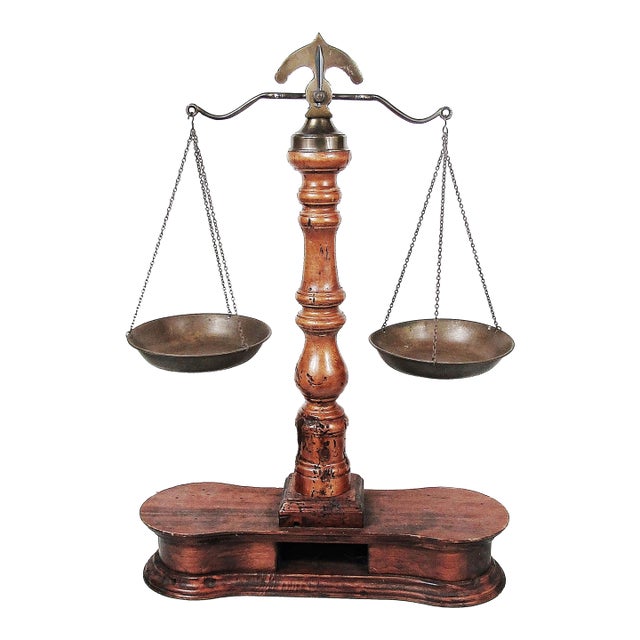 A Sculptural Brass Balance Scale on a Warm Wood Base—instant Library-Worthy Drama. For Sale