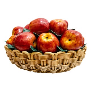 Late 20th Century Oversized Italian Hand-Painted Ceramic Apple Basket Topiary Sculpture For Sale