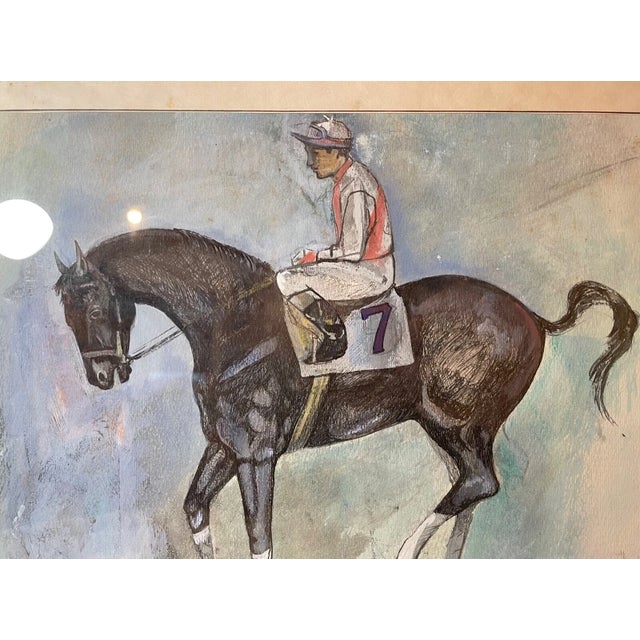 1980s Share Vintage Original Figural Jockey Horse Racing Track Mixed Media Painting Drawing For Sale - Image 5 of 11