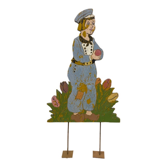 Vintage Folk Art Painted Wood Garden Figure Sculpture on Stand, Hand Carved Decorative Cutout For Sale