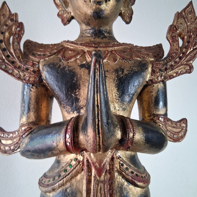 Asian Antique Large Antique Burmese Carved Gilt Wood Theppanom Guardian Statue 47” Tall For Sale - Image 3 of 9