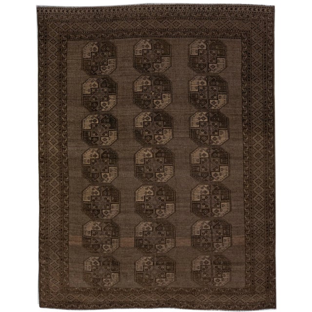 Textile 1930s Antique Turkmen Handmade Persian Wool Rug With Geometric Pattern in Brown For Sale - Image 7 of 7