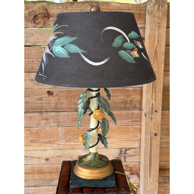 Vintage Italian Tole Lemon Table Lamp by Sarreid With Hand Painted Signed Shade For Sale - Image 11 of 12