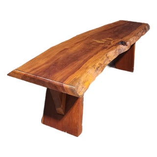 Handcrafted Live Edge Cherry Bench With Leaf Motif Inlays by Pj Spring For Sale