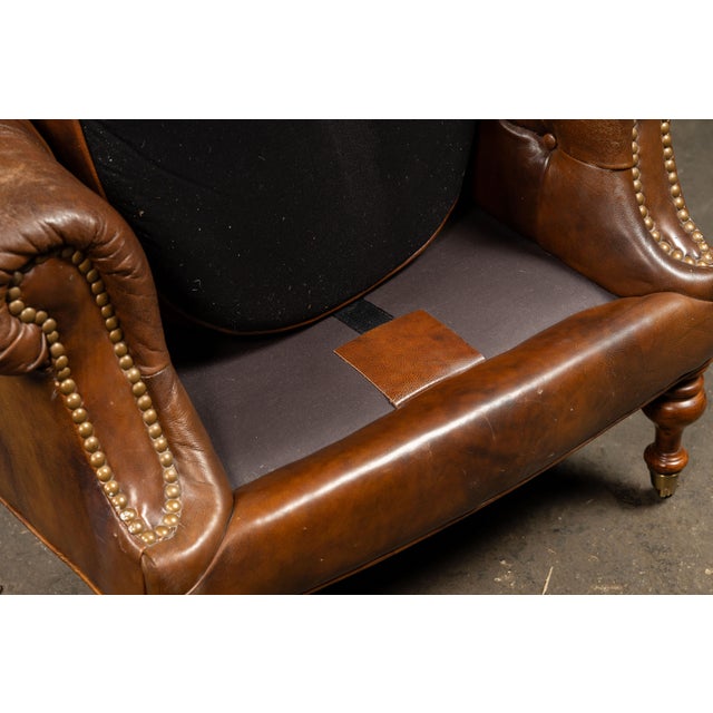 Vintage Tufted Leather Highback Armchair With Lumbar Pillow in Brown For Sale - Image 9 of 11