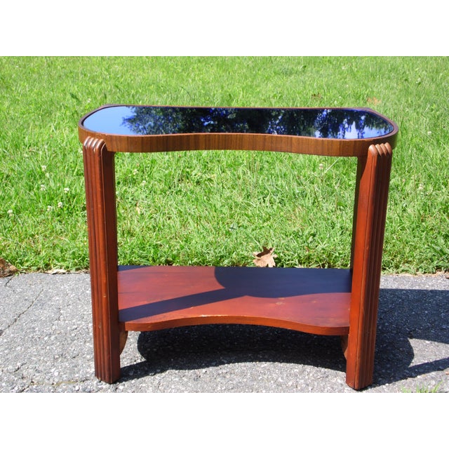 Vintage Art Deco Cobalt Blue Mirror Glass Side Table Walnut End Table
