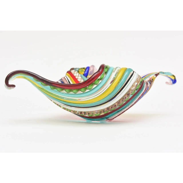 Galliano Ferro Vintage Murano Galliano Ferro Fused Cane Latticino Multicolored Glass Bowl For Sale - Image 4 of 10