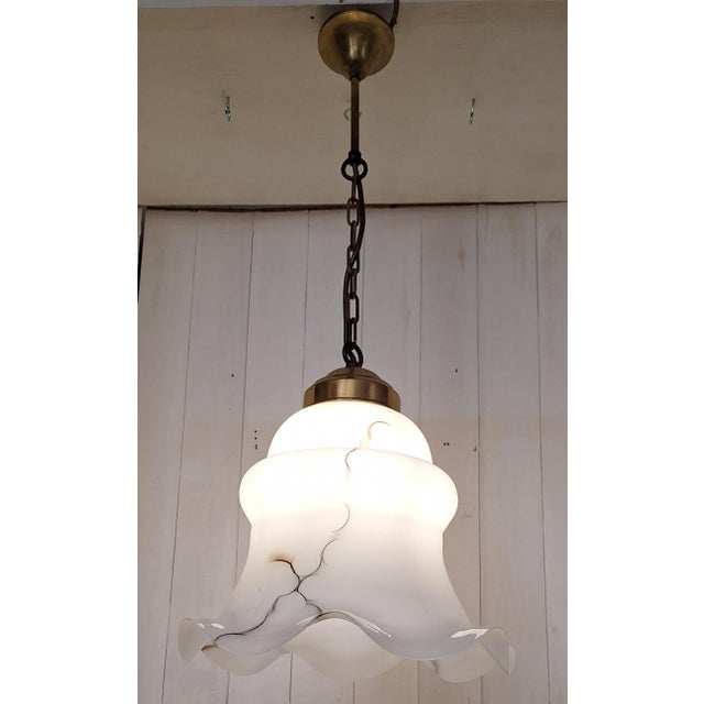 1970s Vintage Brass Pendant with Grey Marbled White Glass Shade, 1970s For Sale - Image 5 of 7