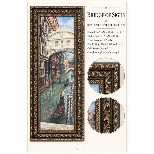 Late 20th Century Pair of Tall Venetian Canal Prints in Onyx Black and Hand-Gilded Frames For Sale - Image 4 of 7