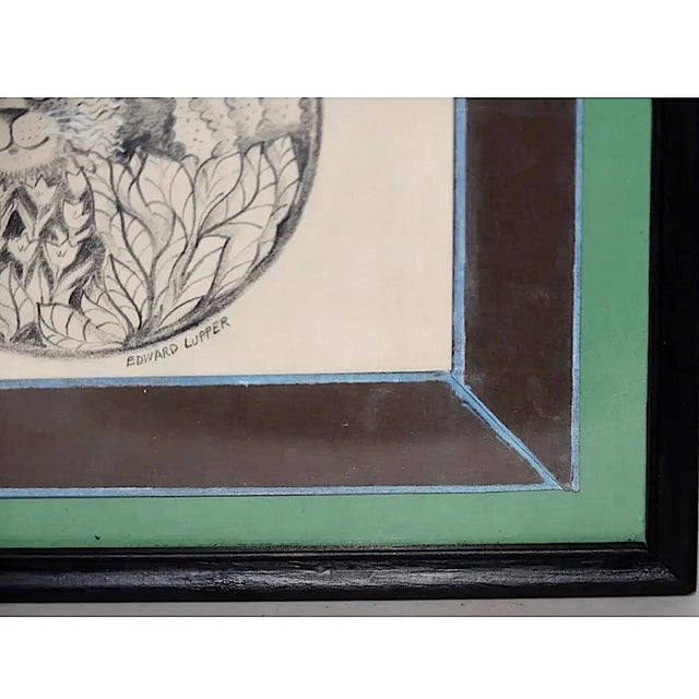 Charcoal Edward Lupper (1936-2016) "Lion in His Garden" Original Charcoal Drawing C.1960s For Sale - Image 8 of 10