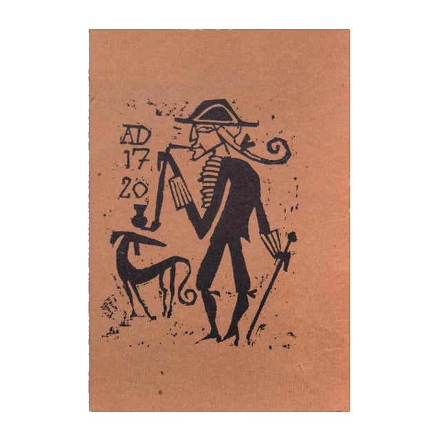 Charles Sterns, Smoking Man with Dog, Woodcut Print, Early 20th Century For Sale