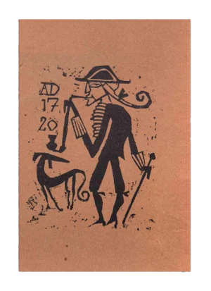 Charles Sterns, Smoking Man with Dog, Woodcut Print, Early 20th Century