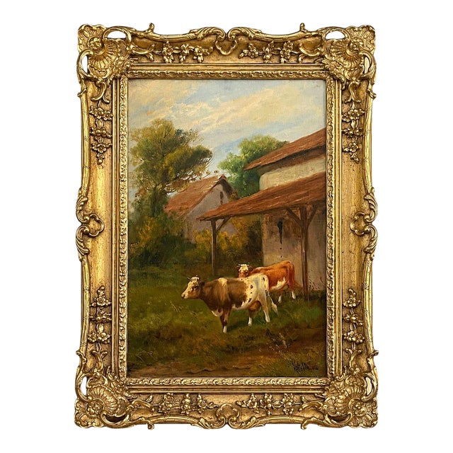 19th Century Italian Pastoral Cow Painting Signed by Vitolla For Sale