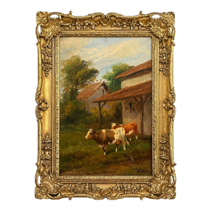 19th Century Italian Pastoral Cow Painting Signed by Vitolla