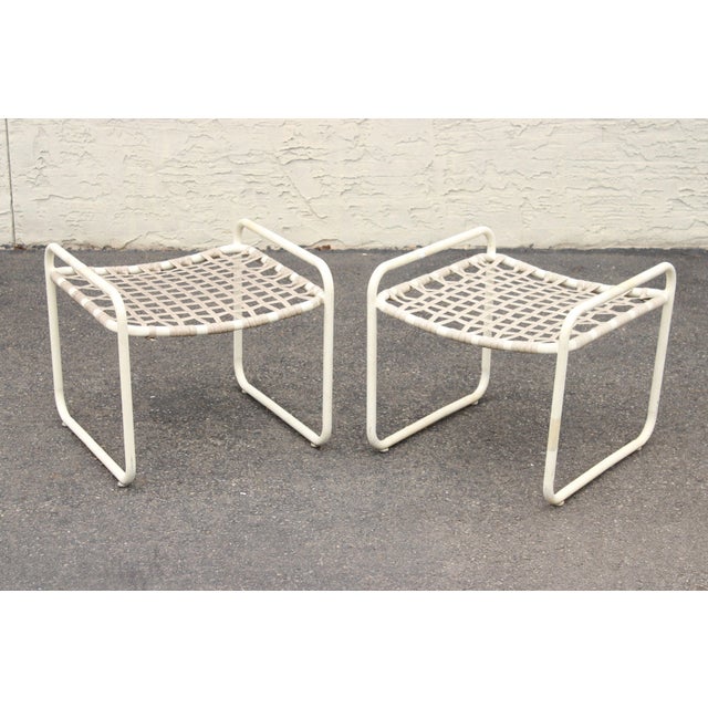 High Quality American Made Vintage Pair of Aluminum Frame Outdoor Patio Ottomans or Stools with Vinyl Latticework Seat, By...