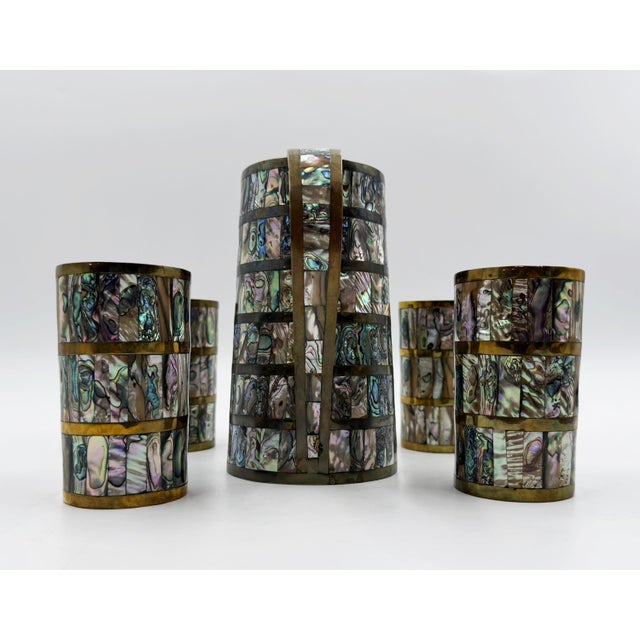 Mid-Century Modern 1950s Alfredo Villasana Taxco Brass & Abalone Pitcher and Tumblers - Set of 5 For Sale - Image 3 of 18