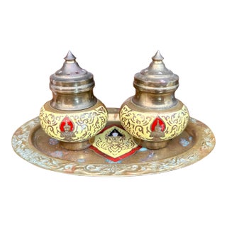 Mid 20th Century Thailand Enameled Brass Salt and Pepper Shakers - Set of 3 For Sale