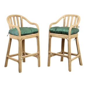 Hollywood Regency Style Pair of Rattan Bar Stools