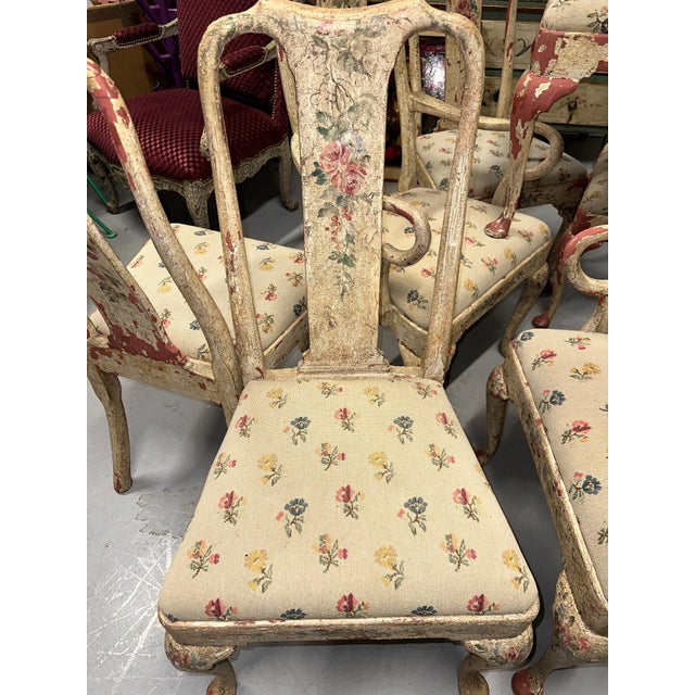 Early 20th Century Set of 8 Painted Chippy Dining Chairs with Needlepoint Floral Seats For Sale - Image 12 of 18
