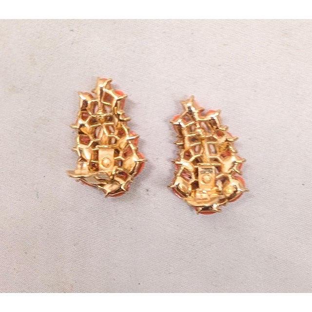 Orange Vintage 1958 Crown Trifari Goldtone Cabochon Faux-Coral & Faux-Pearl Clip Earrings-2 Pieces For Sale - Image 8 of 8