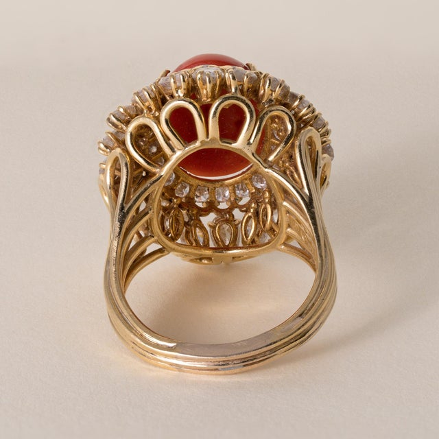 1970s 1970s David Webb Coral and 4.60 Carats Diamond 18k Gold Ring, Size 8 For Sale - Image 5 of 6