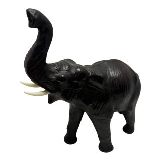 Vintage Leather Elephant Figurine Large Black Trunk Up Good Luck Decor Boho Safari Mid Century For Sale