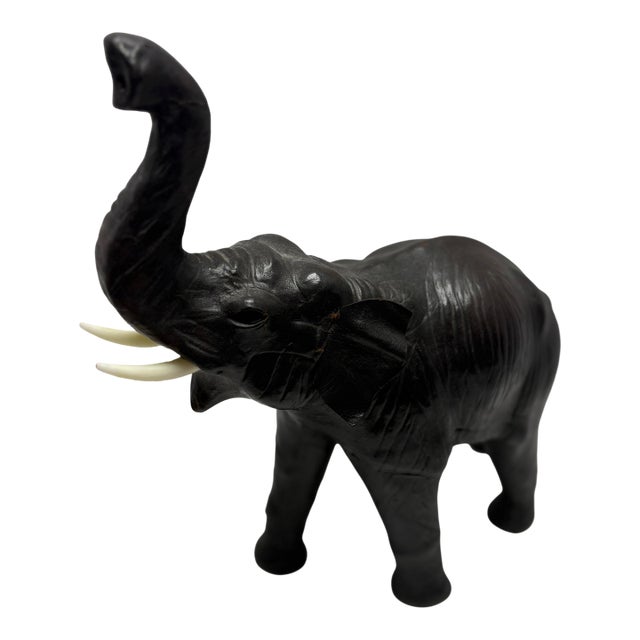 Vintage Leather Elephant Figurine Large Black Trunk Up Good Luck Decor Boho Safari Mid Century For Sale