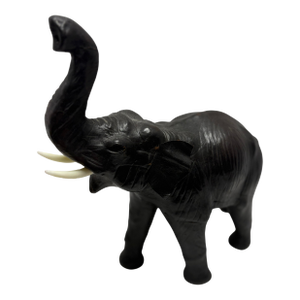 Vintage Leather Elephant Figurine Large Black Trunk Up Good Luck Decor Boho Safari Mid Century