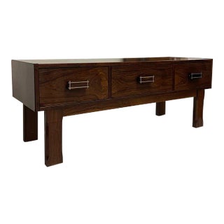 1970s Imported Vintage Danish Modern Rosewood Low Console Coffee Table With Wood Inlay. For Sale