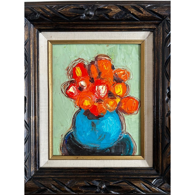 Original 8 x 10 oil painting on panel signed on reverse Overall size with vintage frame with linen liner is 14.25 x 16.25