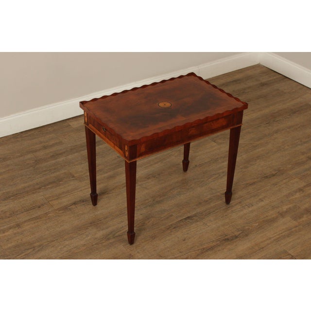 High Quality Vintage Marquetry Inlaid Mahogany Side Table with Scalloped Edges and Pull Out Slides