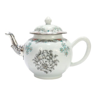 Antique 18th Century Chinese Export Porcelain Teapot With Silver Spout For Sale