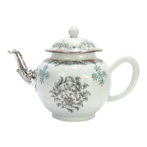 Antique 18th Century Chinese Export Porcelain Teapot With Silver Spout