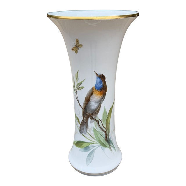 Antique Meissen Hand Painted Bird & Butterfly Porcelain Trumpet Vase 9.5" For Sale