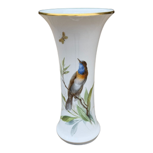Antique Meissen Hand-Painted Porcelain Bird Trumpet Vase With Gilt Rim, C. 1900