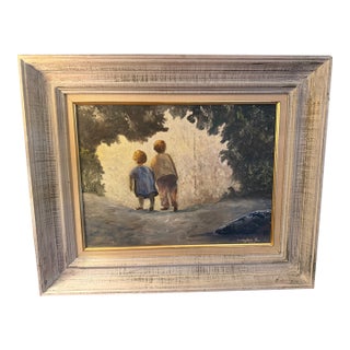 Vintage 1967 Oil Painting "Children on a Forest Path" Signed Langdon J. For Sale
