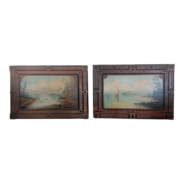 Pair of 19th C Adirondack Oil on Panel Landscape Paintings in Walnut Frames For Sale