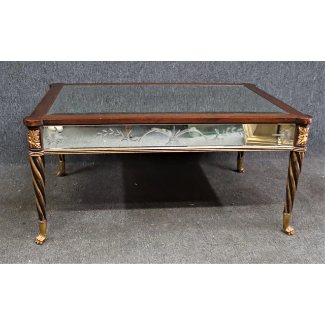 Brown Regency Style Mirrored & Brass Coffee Table For Sale - Image 8 of 8