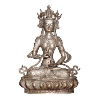 Tibetan Silvered Metal Buddhist Deity Figure Statue on Lotus Base For Sale