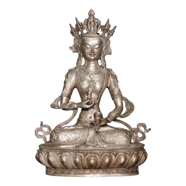 Tibetan Silvered Metal Buddhist Deity Figure Statue on Lotus Base For Sale