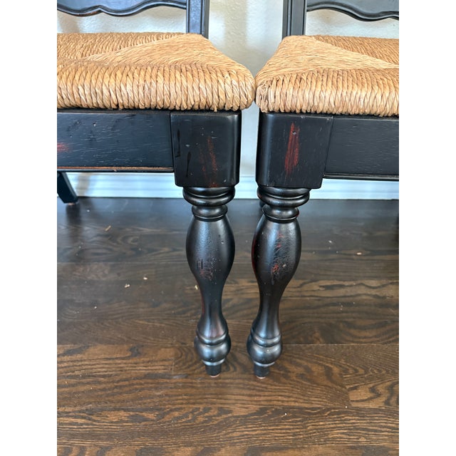 French Country Black Ladder-Back Dining Chairs With Woven Seats (Set of 8) For Sale - Image 6 of 9