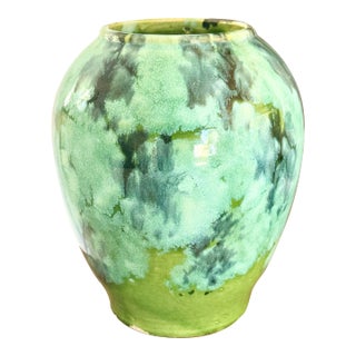 Antique 1930s Brush McCoy Green Marbled Pottery Vase | Handcrafted Art Deco Decor For Sale