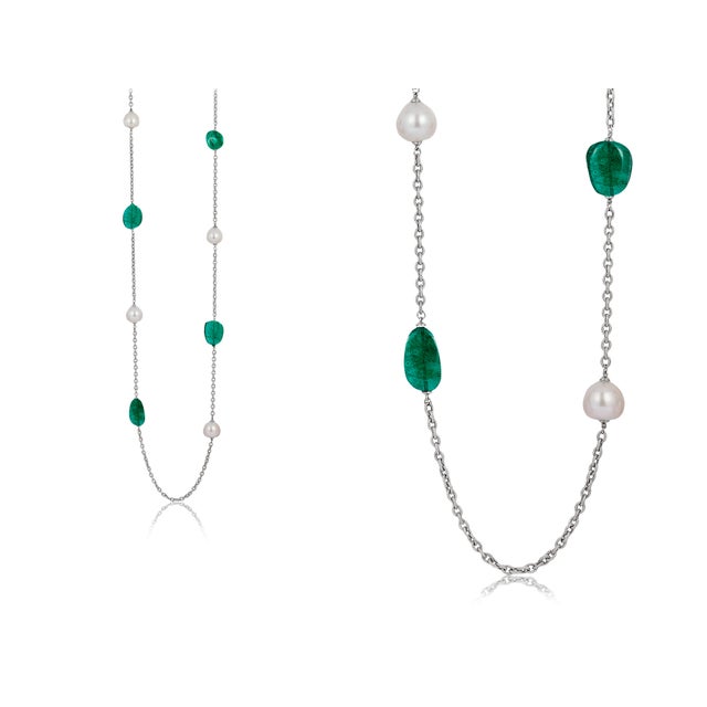 G-One' Emerald Tumble with White South Sea Pearl Drop Necklace in 18K White Gold. Approximate Stone Details: Emerald -...