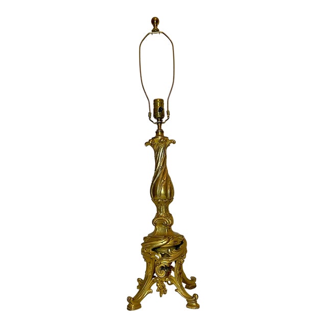 1910s Large Antique Ornate Solid Dore Bronze French Rococo Electric Table Lamp Light For Sale